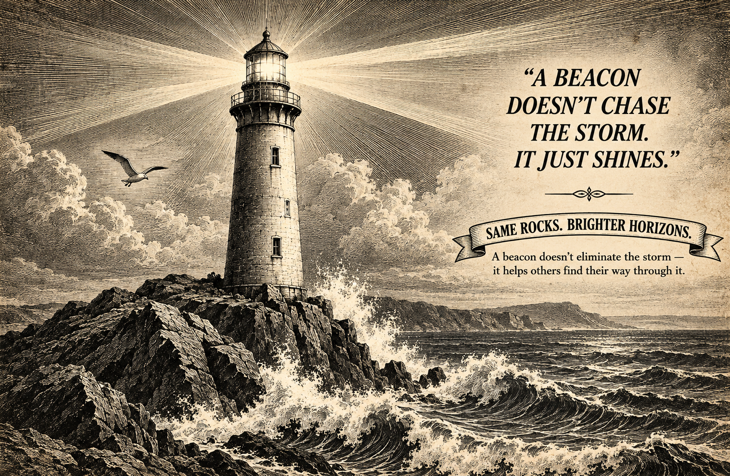 Engraved lighthouse shining through a storm. A beacon doesn’t chase the storm. It just shines. Same rocks. Brighter horizons. A beacon doesn’t eliminate the storm — it helps others find their way through it.