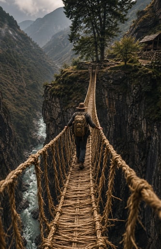 A traveler crossing a rope bridge through a mountain gorge