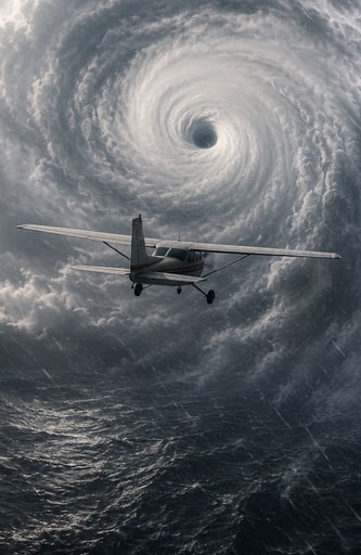 A small plane flying toward the eye of a powerful storm