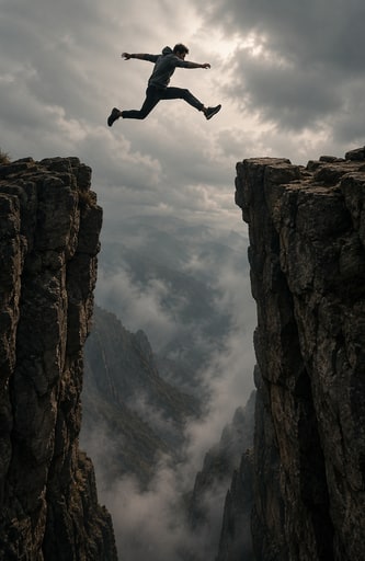 A person leaping between two mountain cliffs