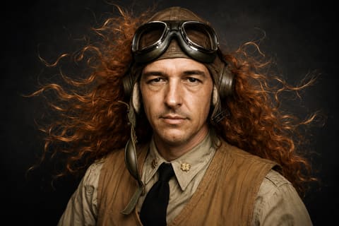 A high-contrast portrait of a pilot with long red hair, wearing a vintage flight cap and goggles, embodying a bold and unconventional aesthetic.