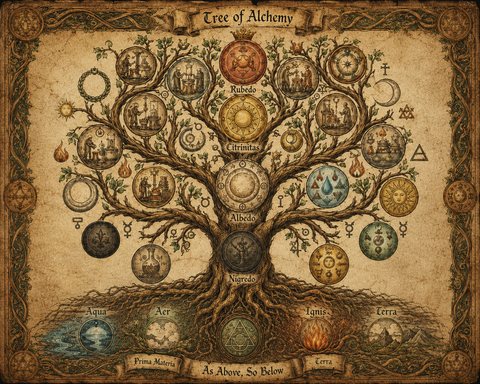 An illustrated Tree of Alchemy surrounded by alchemical symbols and elemental motifs