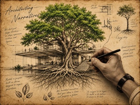 An architectural narrative illustration built around a flourishing tree and a hand drawing the design