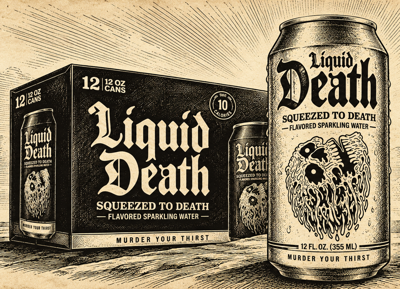 Vintage illustration of a Liquid Death sparkling water can and multipack.