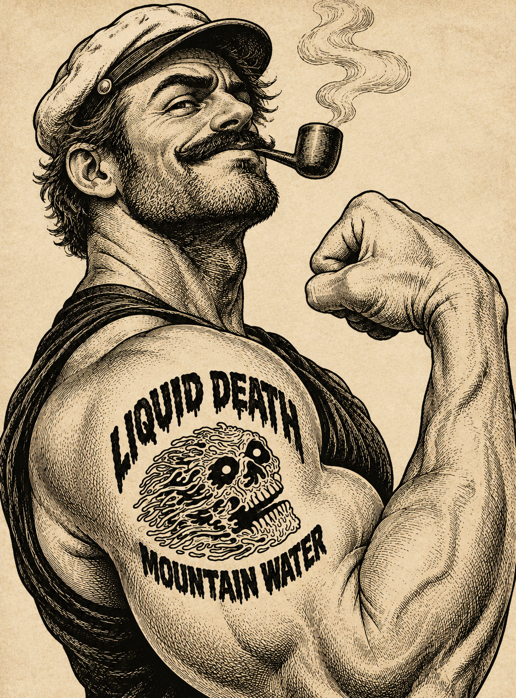 Vintage illustration of a man with a Liquid Death mountain water tattoo on his arm.