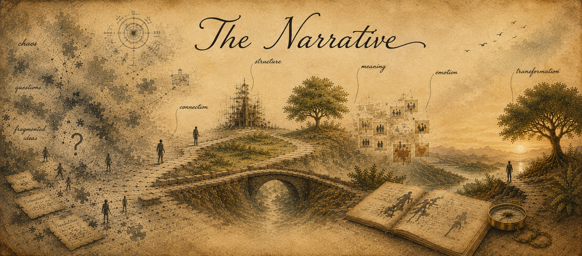 The Narrative journey from fragmented ideas through structure, meaning and emotion to transformation