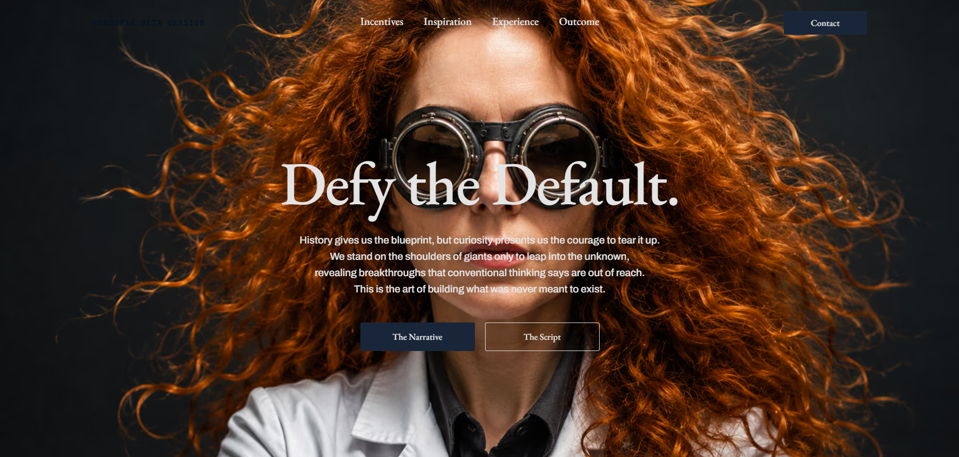 Rumborak website homepage featuring Defy the Default