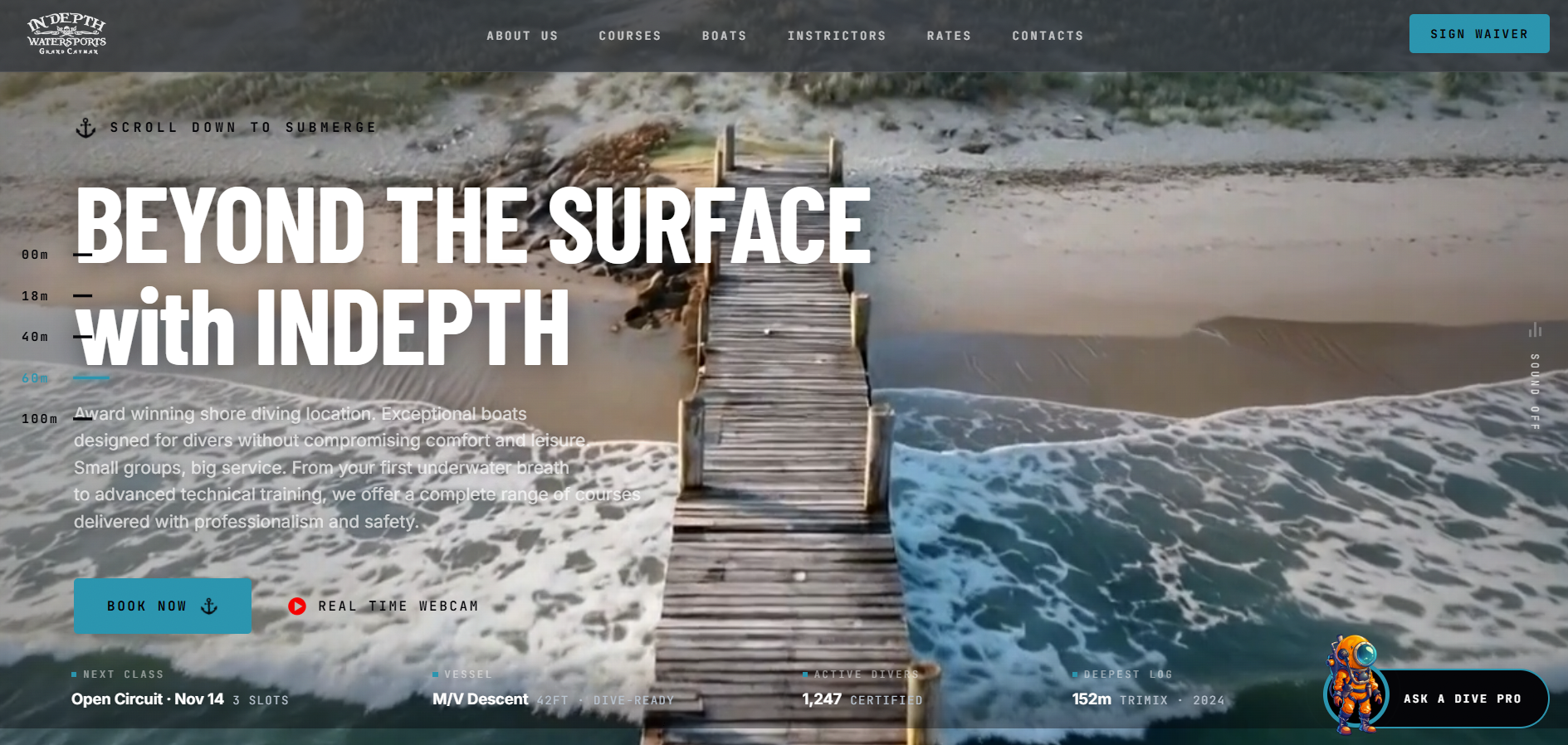 INDEPTH Watersports website homepage featuring Beyond the Surface