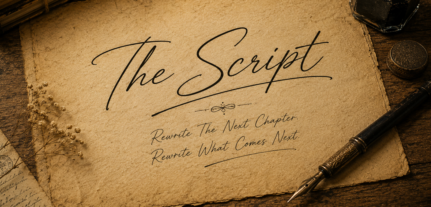 The Script on an aged manuscript beside an ink bottle and fountain pen