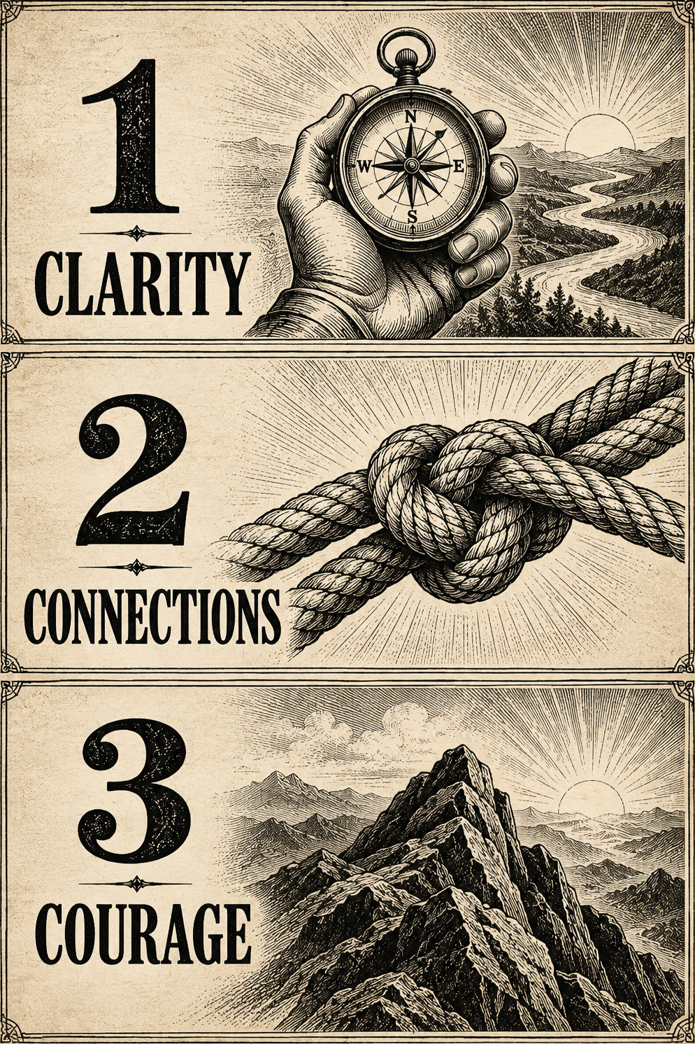 Three engraved panels: 1. Clarity, illustrated by a compass; 2. Connections, illustrated by a rope knot; 3. Courage, illustrated by a mountain peak.