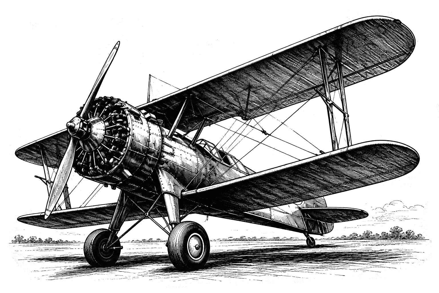 Vintage biplane illustrated in black ink.